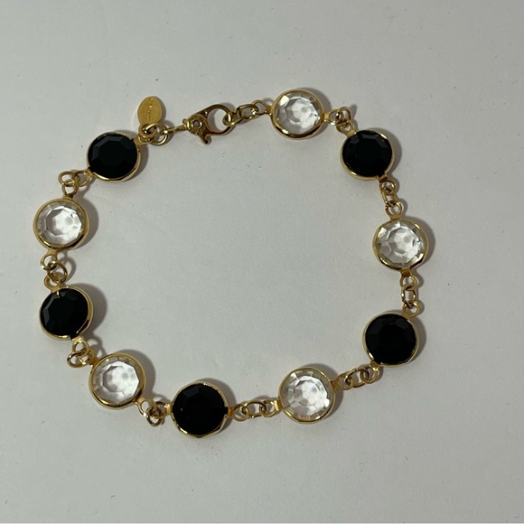 Monet Vintage Stamped Black Clear Bezel Stones Gold Plated Chain 7” Bracelet - Picture 3 of 7